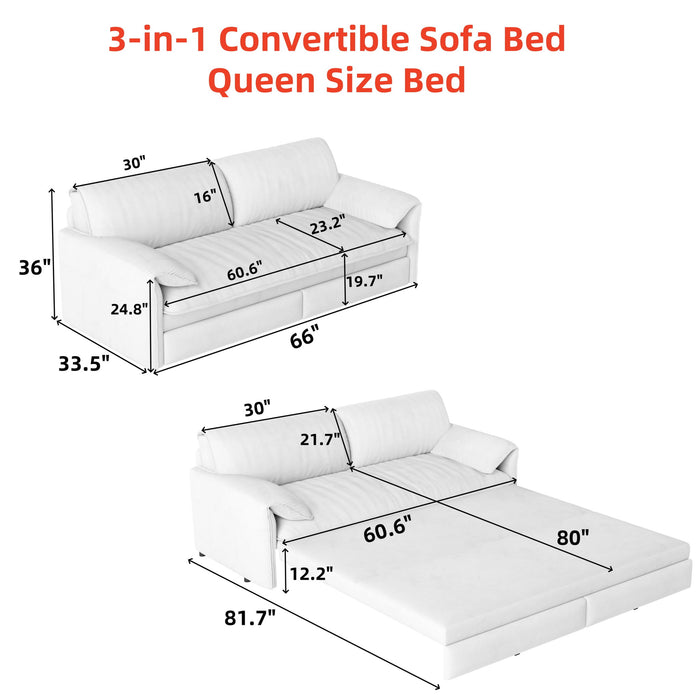 Queen Pull Out Sofa Bed, 3 In 1 Convertible Sleeper Sofa With Side Storage For Living Room - Beige