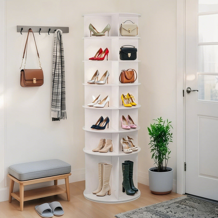 7 Tier Rotating Shoe Rack With High Base Design, Freestanding 360° Organizer For 28 Pairs - White