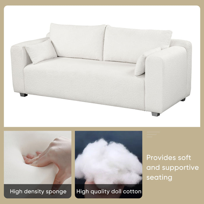 Modern Loop Yarn Sofa, One Piece Seat Frame, Minimalist 2-3 Seat Couch Easy To Install, Loveseats With Extra Wide Domed Arms (2 Pillows) - White