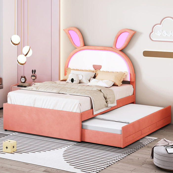 Upholstered Platform Bed With Trundle And 3 Drawers, Rabbit-Shaped Headboard With Embedded LED Lights