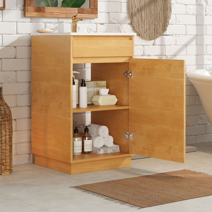 Bathroom Vanity With Sink, Freestanding Single Cabinet With Soft Closing Door And Adjustable Shelf - Natural Wood