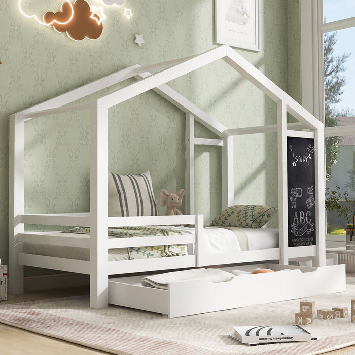 Twin House Bed With Blackboard And Drawers, 2 Assembly Options - White