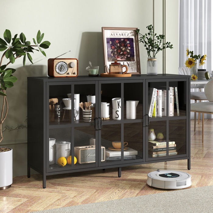 Modern Heavy Duty Metal Sideboard Buffet Cabinet With Storage, Adjustable Feet, Glass Doors, Steel - Black