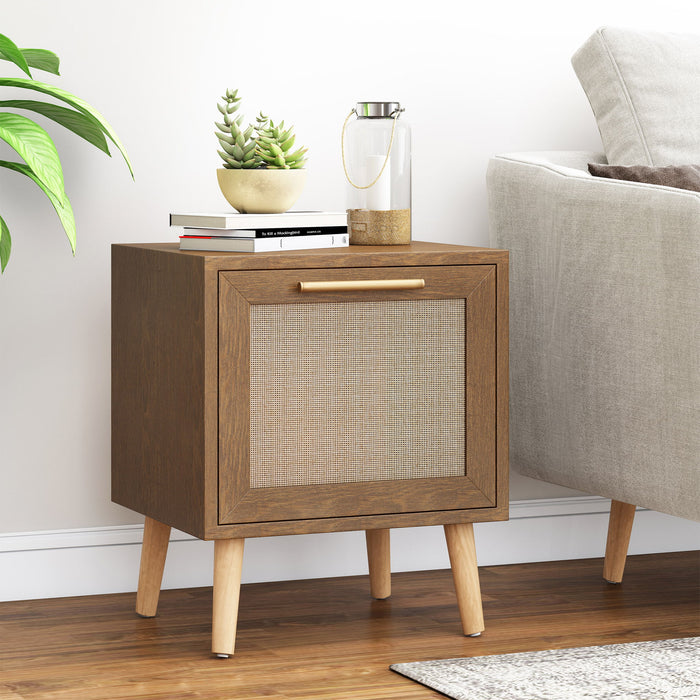 Contemporary End Table With Rattan - Walnut