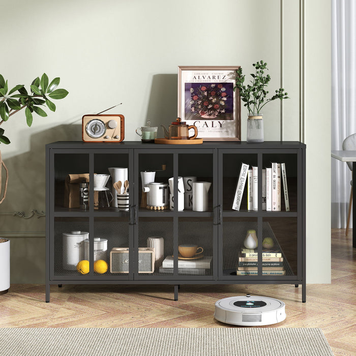 Modern Heavy Duty Metal Sideboard Buffet Cabinet With Storage, Adjustable Feet, Glass Doors, Steel - Black