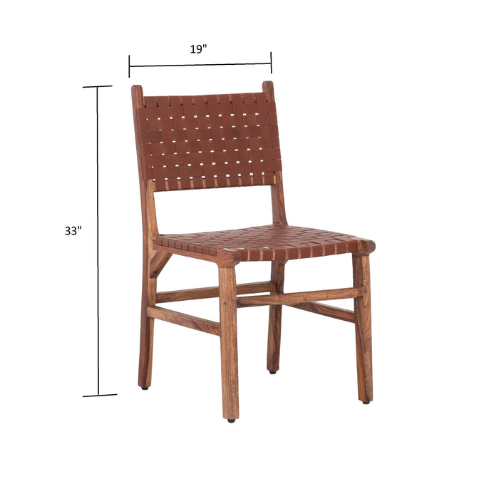Rustic Wooden Dining Chair (Set of 2) With Genuine Leather Woven Upholstery - Brown