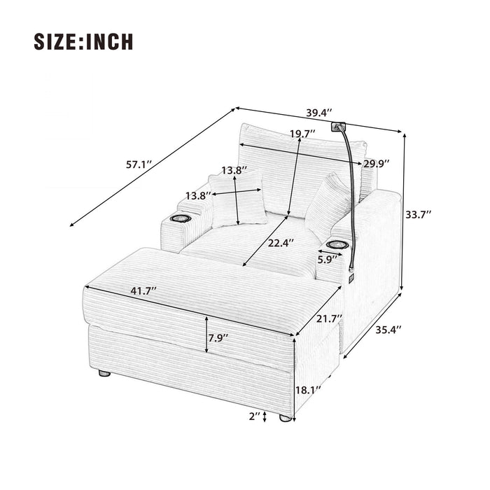 Single Sofa Couch With Storage Space, Movable Ottoman, USB Ports, Cup Holders, Phone Holder