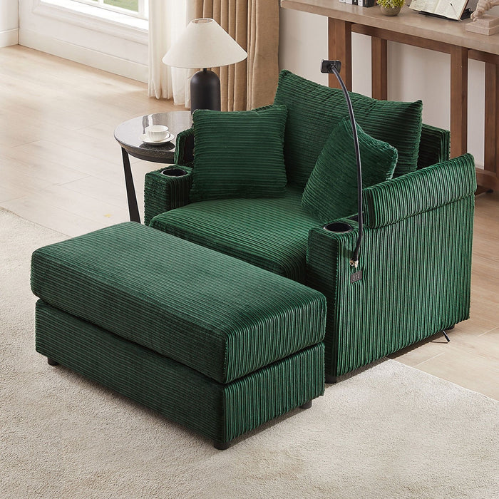 Single Sofa Couch With Storage Space, Movable Ottoman, USB Ports, Cup Holders, Phone Holder