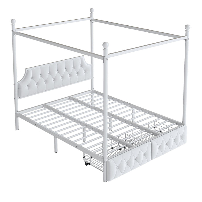 Canopy Platform Bed With Upholstered Headboard And 2 Storage Drawers - White