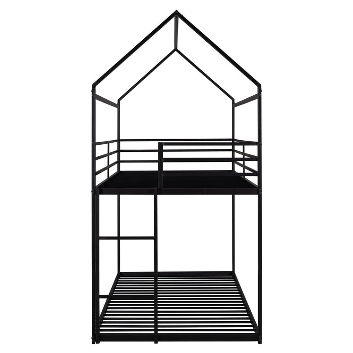 House Bunk Bed Metal Bed Frame Built-In Ladder, No Box Spring Needed