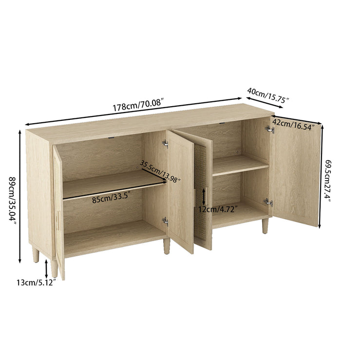 Rattan Buffet Cabinet With Storage, 4 Door Sideboard, Adjustable Shelves - Natural