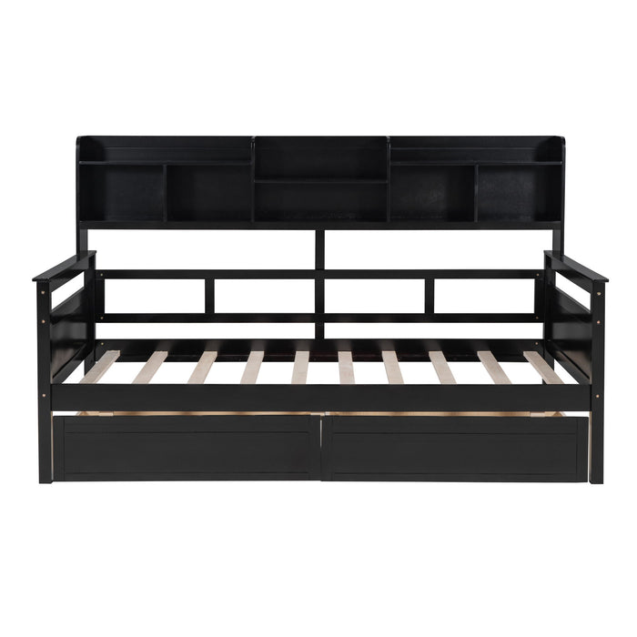 Daybed, Slat Support, With Bedside Shelves And 2 Drawers