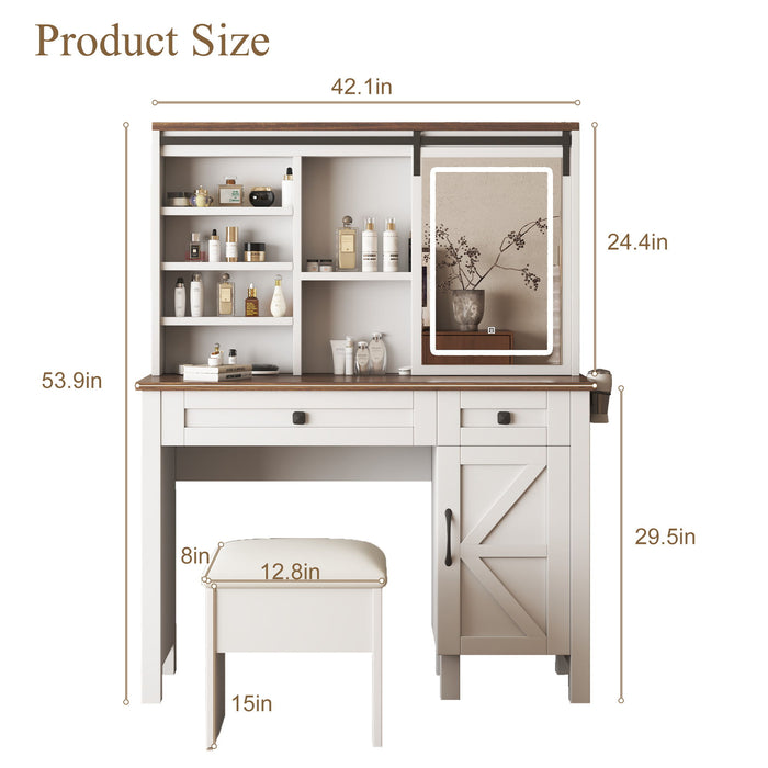 Farmhouse Makeup Vanity Desk With Sliding Mirror, LED Lights, And Storage Glass, Metal, And Wood Construction - White