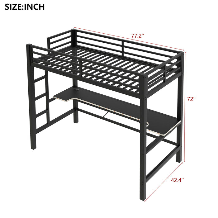 Gaming Metal Loft Bed Frame With LED Light, USB Charge Station And Desk