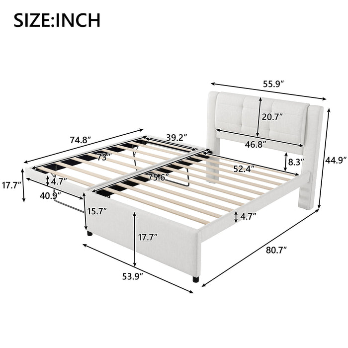 Upholstery Platform Bed With Trundle,Trundle Can Be Flat Or Erected