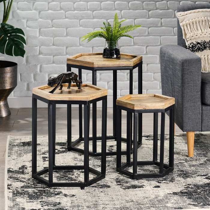 Modern Industrial End Table (Set of 3) - Black / Natural