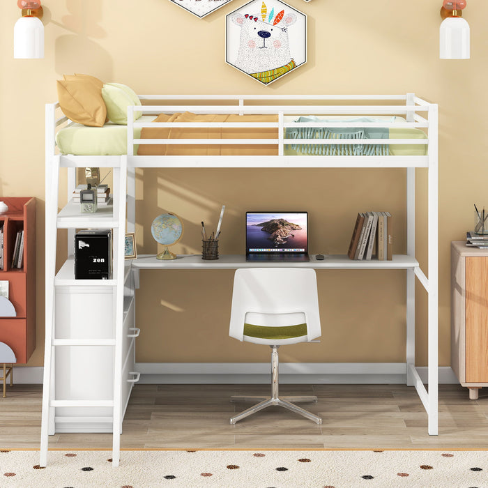 Twin Size Metal & Wood Loft Bed With Desk And Shelves - White