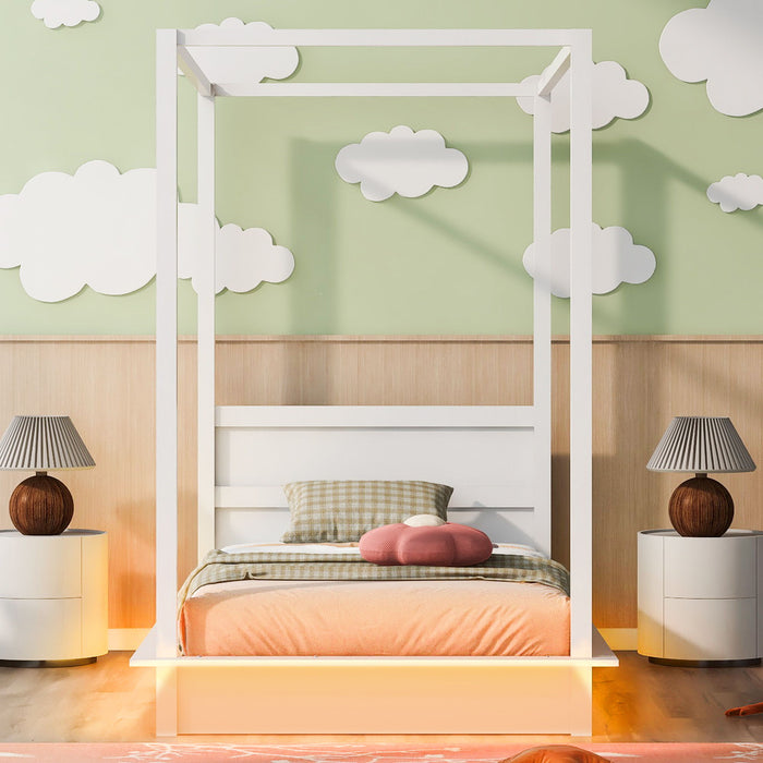LED Canopy Bed, Canopy Platform Bed With Support Slats, No Box Spring Needed