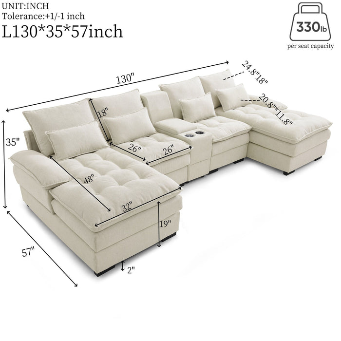 U Shaped Sofa With Console And Cupholders, 6 Seat