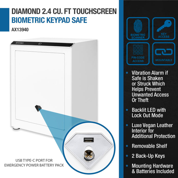 Diamond 2.4 Cu. Ft Touchscreen Biometric Keypad Security Safe - White