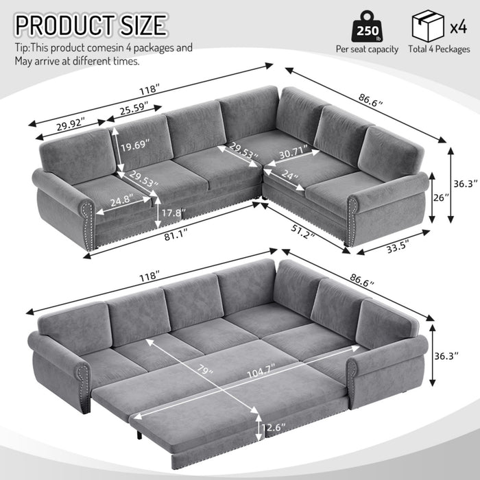 L-Shaped Sofa Couch With Pull Out Bed With Nailhead Trim & Rolled Arm