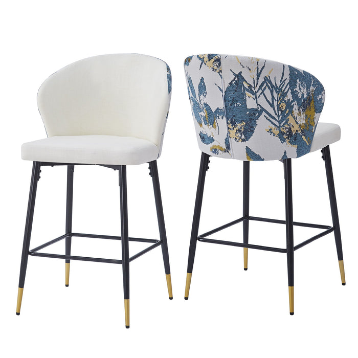 Counter Height Bar Stools (Set of 2), Jacquard Upholstered, Metal Footrest