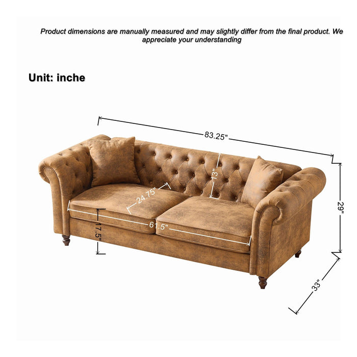 Chesterfield Sofa, High Roll Armrest Sofa, Upholstered Mid Century Modern Couch, 3 Seater Couch - Brown