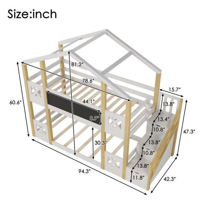 Twin Over Twin House Bunk Bed With White Storage Staircase And Blackboards - White