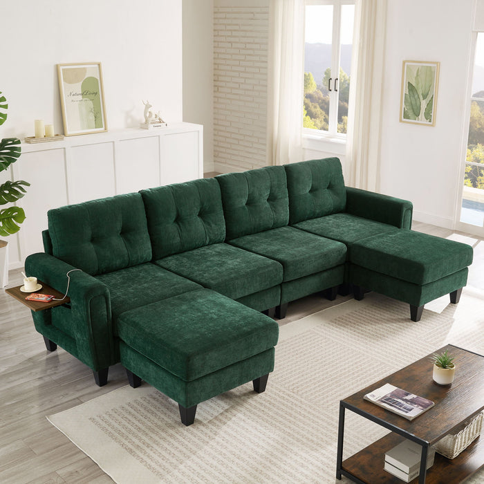 Modular Sectional Sofa With Movable Ottomans, USB Ports & Side Tables