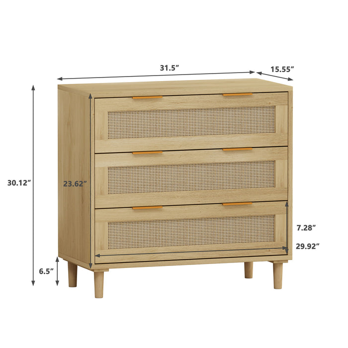 3 Drawers Rattan Storage Cabinet Rattan Drawer, For Bedroom, Living Room, Dining Room, Hallways (Set of 2) - Oak