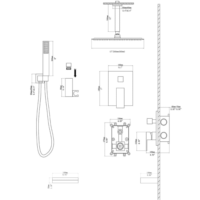 12" Ceiling Mount Shower System With Waterfall Tub Spout And Rough In Valve - Matte Black