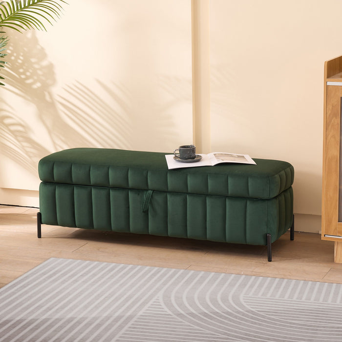 Wide Upholstered Velvet Storage Soft Bench Ottoman With Metal Legs