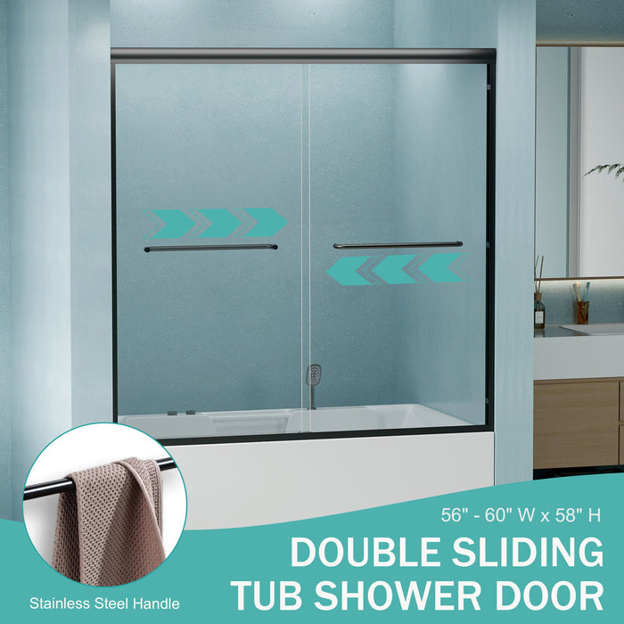Double Sliding Bathtub Shower Door, Semi Frameless Bypass, 1 / 4" (6Mm) With Explosion - Proof Film, Adjustable Aluminum Alloy Frame