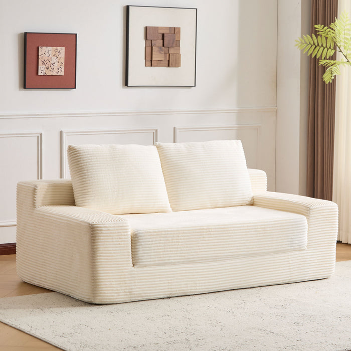Loveseat Sofa, Comfortable Deep Seat Sofa Bed, Modern Small Corduroy Couch For Living Room Bedroom,Reversible Cushion With Pillows,No Assembly Required,White