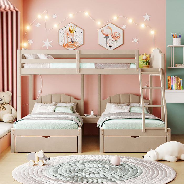 Bunk Bed, Triple Bed With Drawers And Guardrails