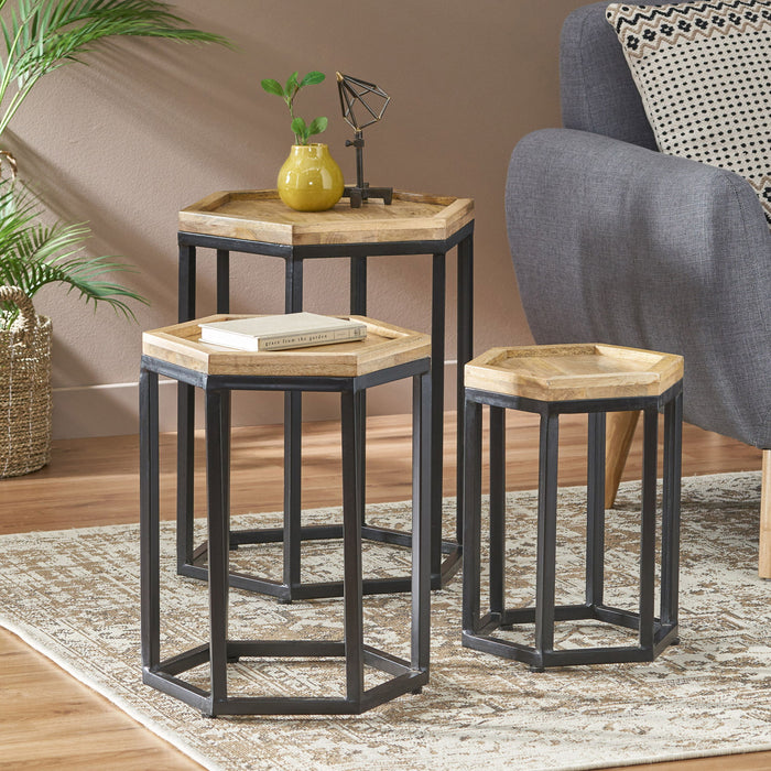 Modern Industrial End Table (Set of 3) - Black / Natural