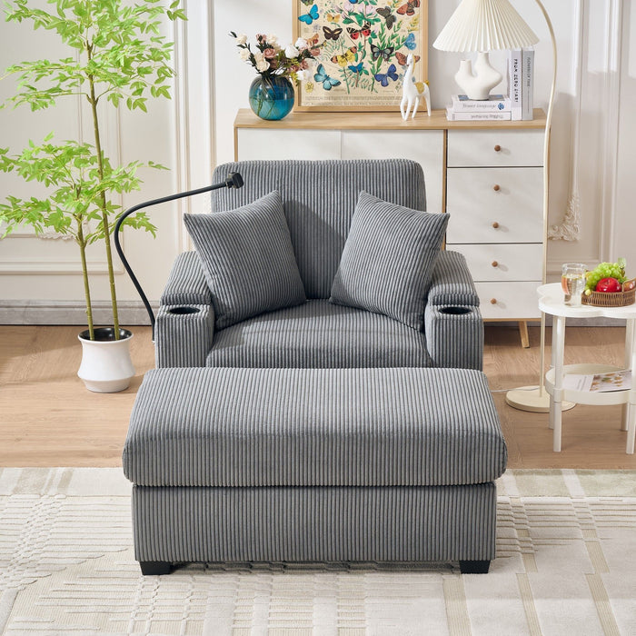 Comfy Corduroy Oversized Chaise Lounge Chair With Ottoman And Storage