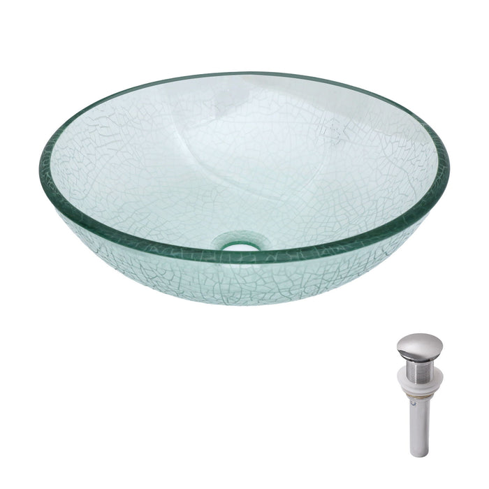 Crackle Vessel Sink, Round Bowl With Pop Up Drain - Clear