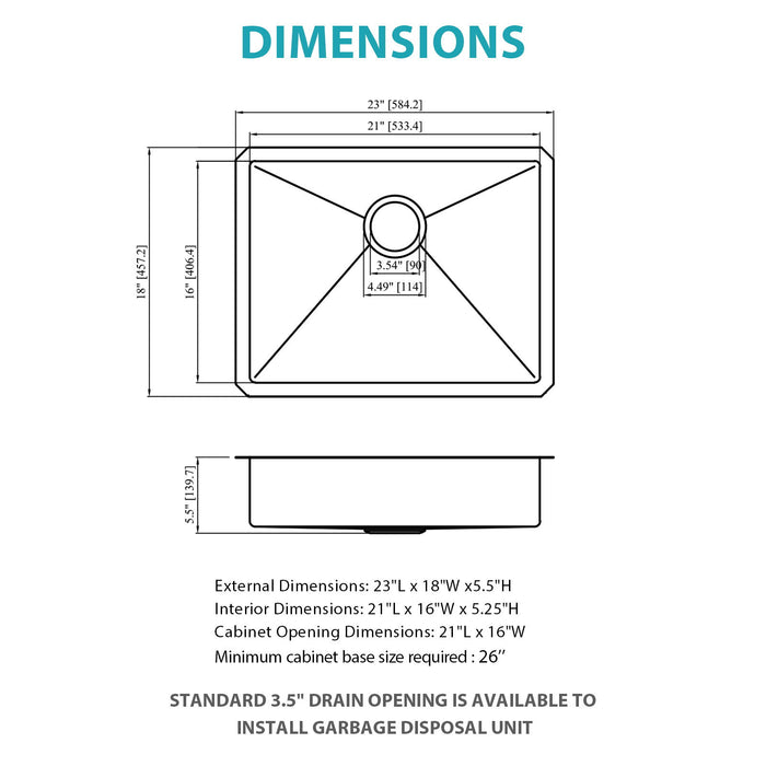 Ada-Compliant 23" Undermount Sink, Low Depth Single Bowl - Brushed Nickel