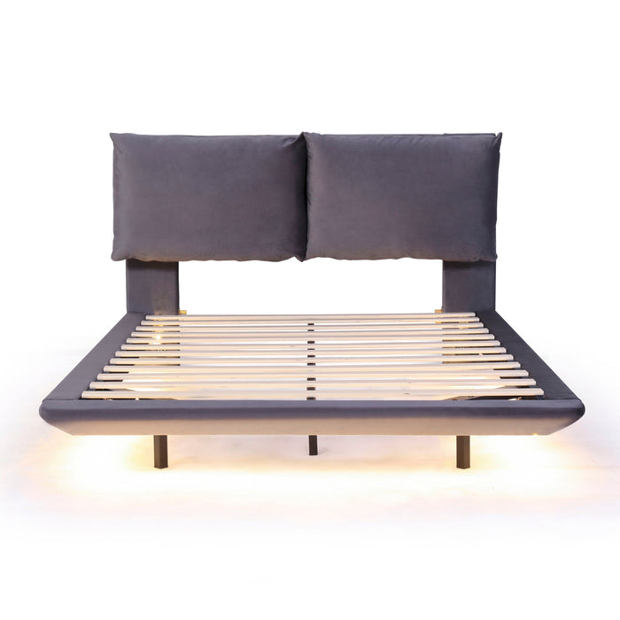 Upholstered Platform Bed With Sensor Light And 2 Large Backrests, With 2 Sets Of USB Port And Socket On Each Rear Bed Leg