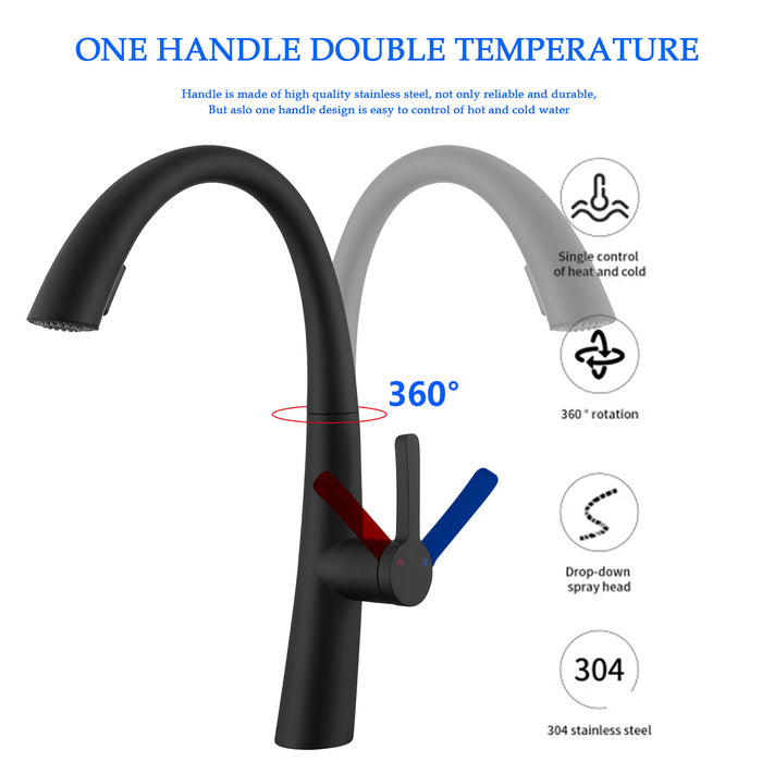 High Arc Stainless Steel Pull Out Kitchen Faucet With Dual Modes And 360 Degree Rotation - Matte Black
