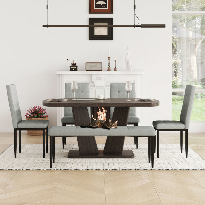 6 Piece Dining Table Set For 6, Table With V-Shaped Legs And 4 Upholstered Chairs & Bench, Modern Dining Room Set For Kitchen, Dining Room - Gray