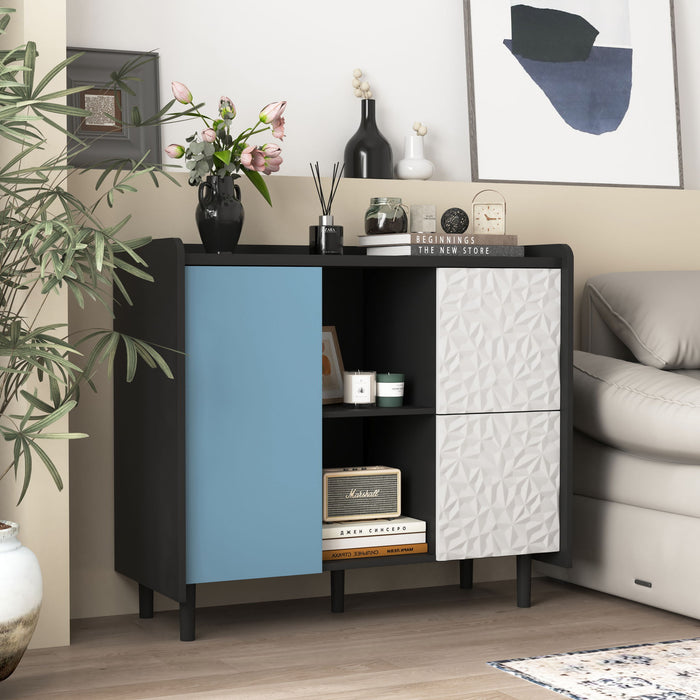 Modern Sideboard Buffet Cabinet With Red Doors And Unique Panel Styling