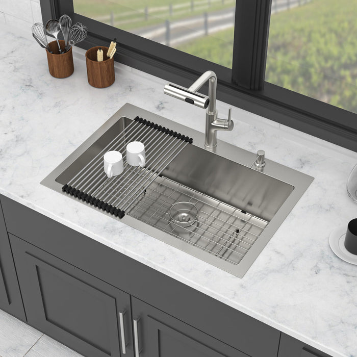 30" Single Bowl Drop In Kitchen Sink With Pull Out Faucet And Soap Dispenser - Brushed Nickel