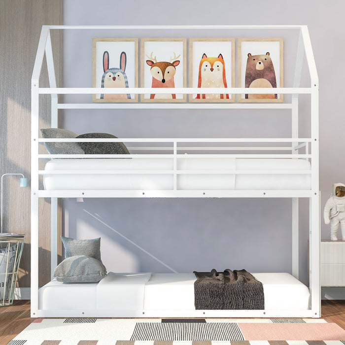 House Bunk Bed Metal Bed Frame Built-In Ladder, No Box Spring Needed