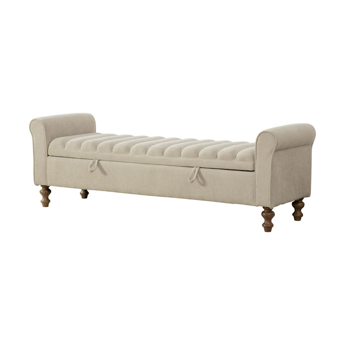Wide Upholstered Storage Bench With Rolled Armrest For Bedroom - Griege