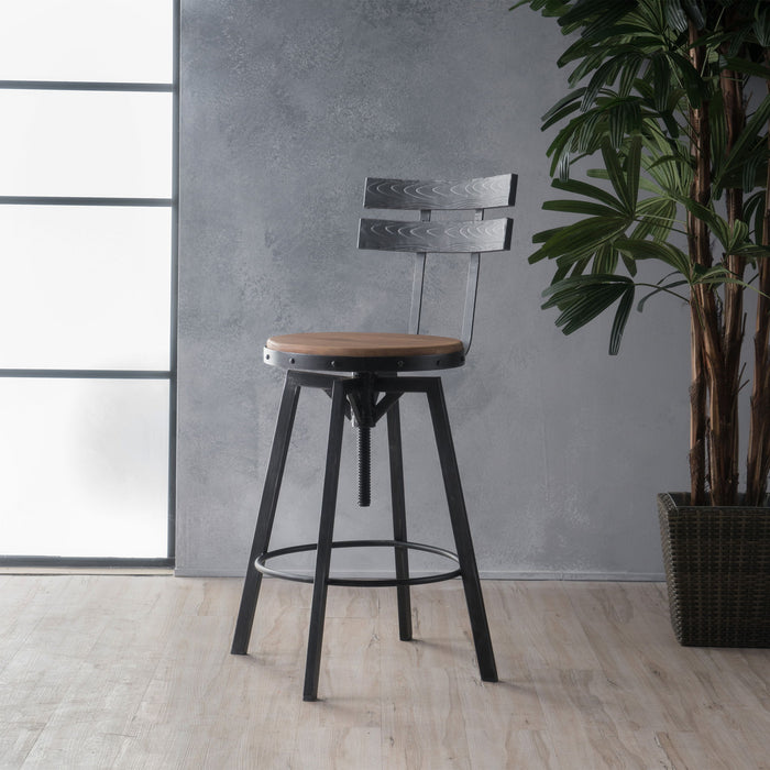 Rustic Metal Barstool With Wooden Seat - Black Brush Silver