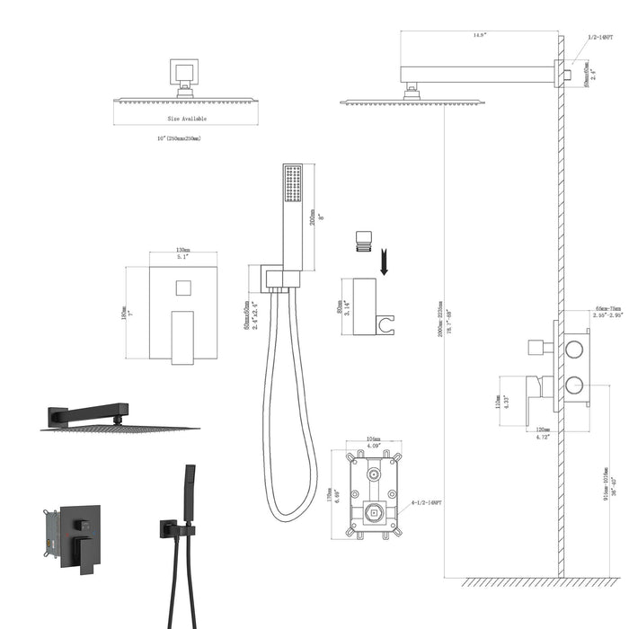 10" Square Dual Shower Head System Wall Mounted With Rough In Valve Modern Bathroom Fixture