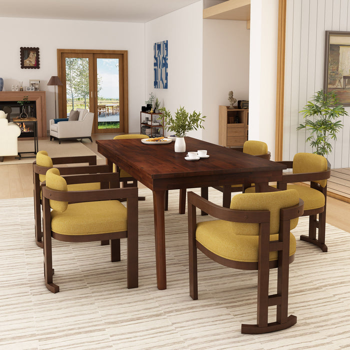 7 Piece Elegant Dining Set With Upholstered Wood Dining Chairs - Yellow / Walnut / Rich Mahogany