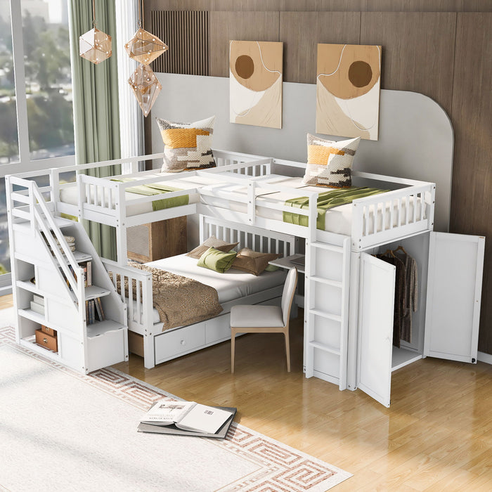L Shaped Bunk Bed With 3 Drawers, Portable Desk And Wardrobe